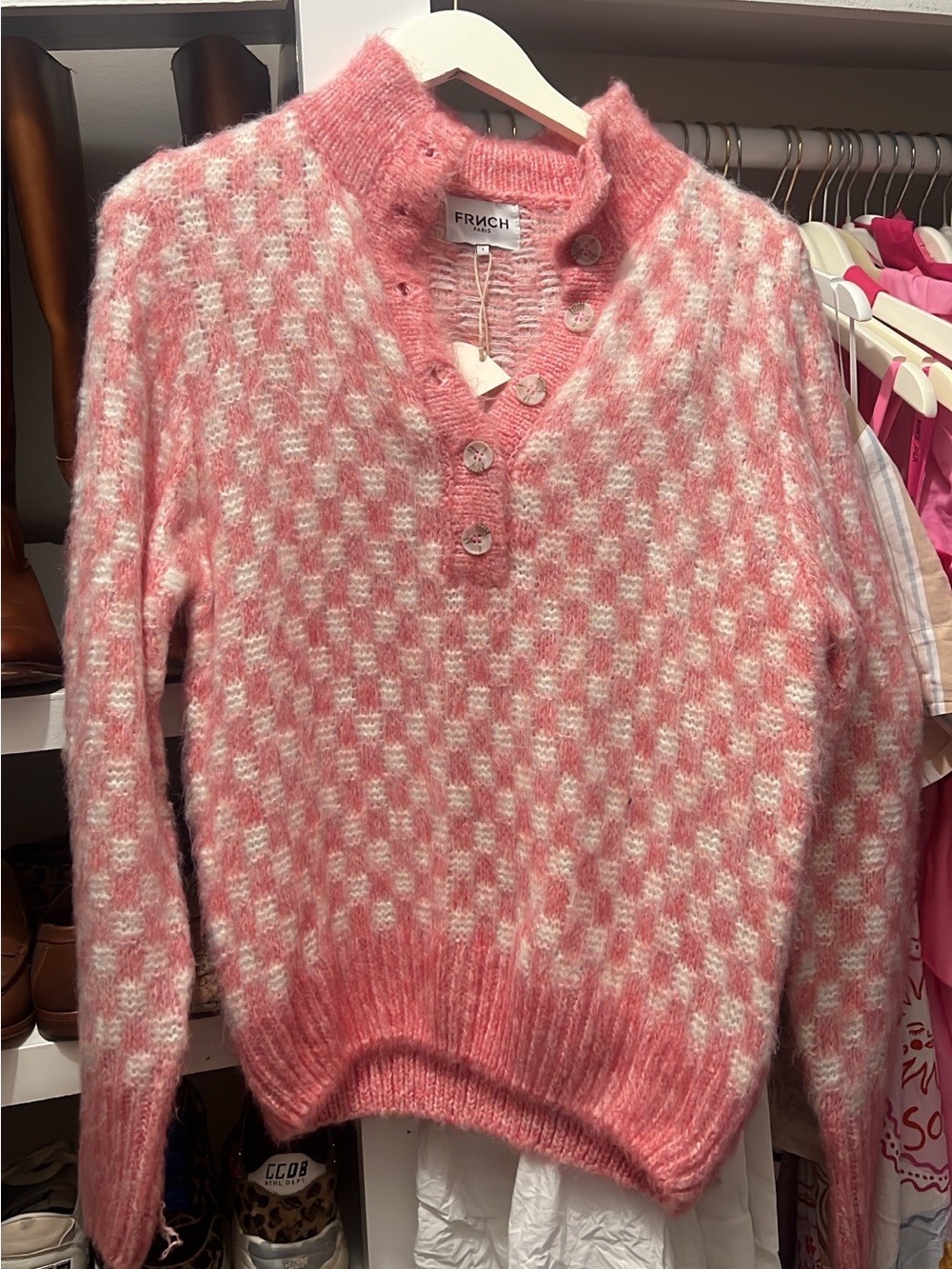 FRNCH Paris Pink and Cream Button-Front Knit Sweater